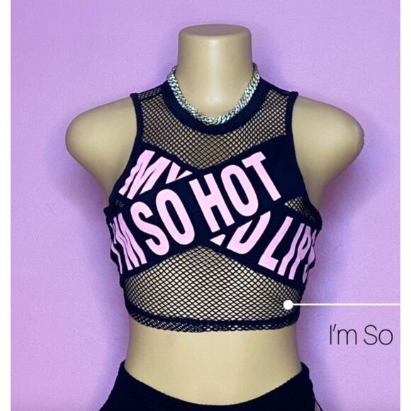 New Small Mesh I'm So Hot‎ Pink Tape Crop Top Punk Grunge Retro Neon Black - Picture 1 of 4